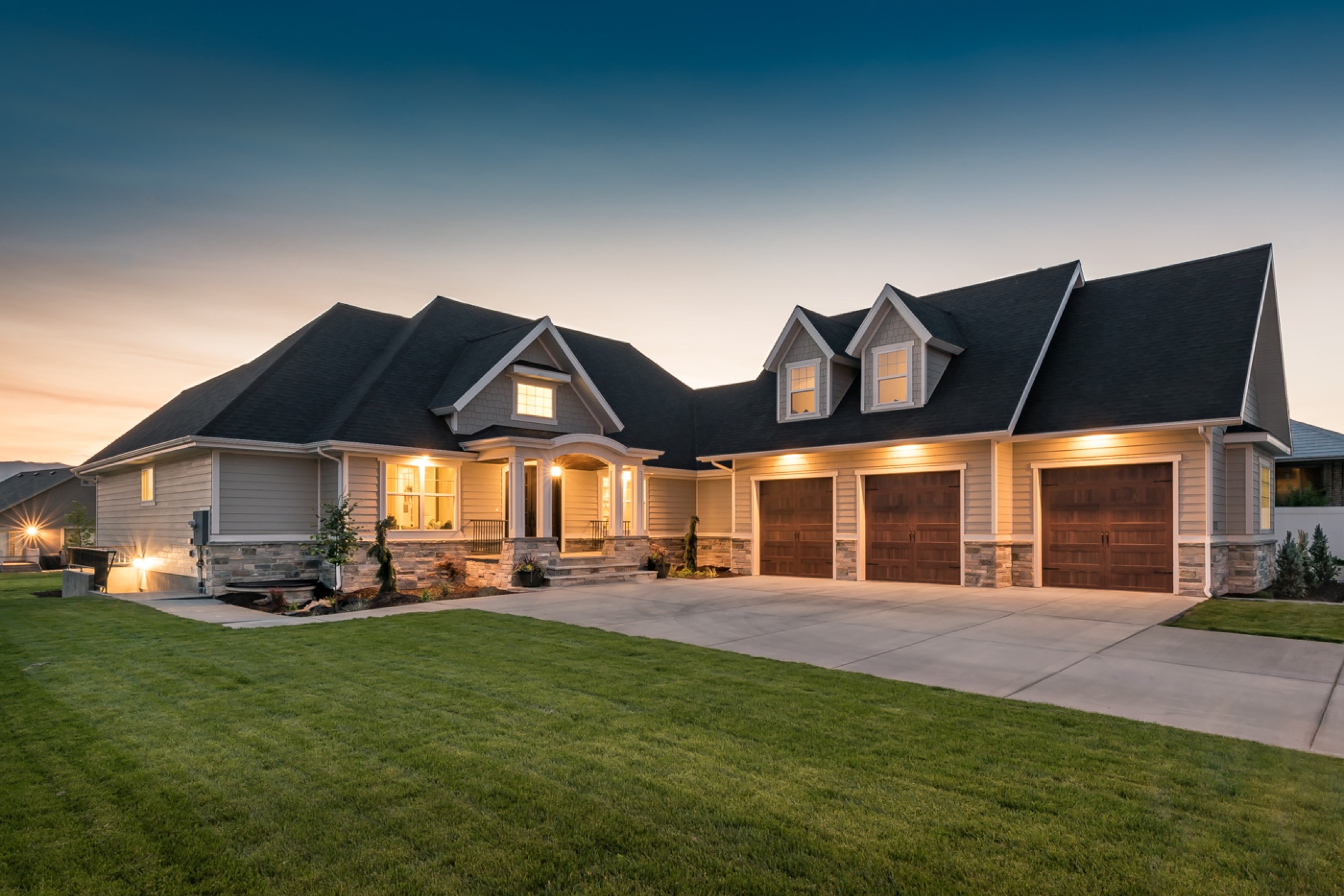 Garage court and drive at dusk