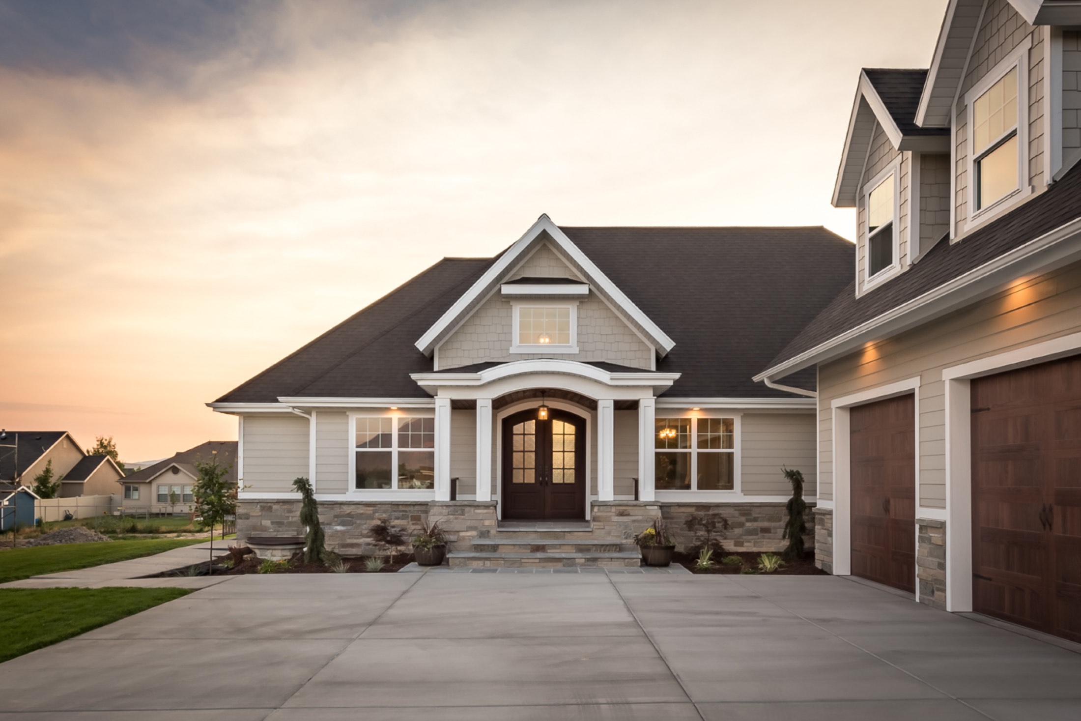Lehi residence front entry at golden hour