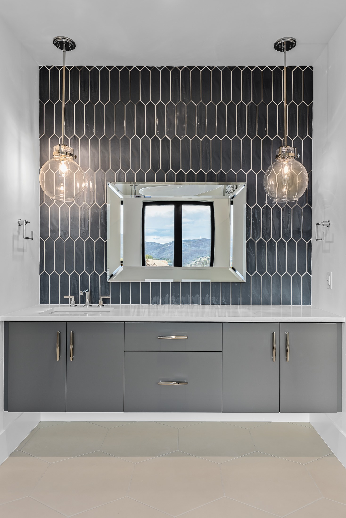 Geometric blue tile bath
