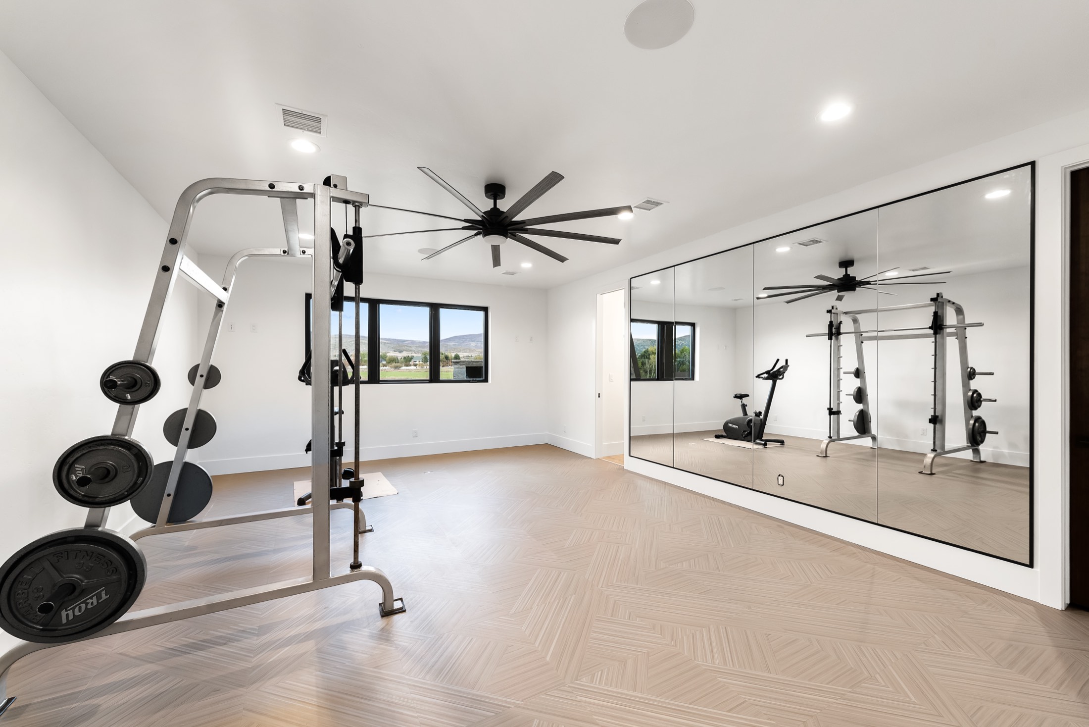 Home gym with mirrored wall